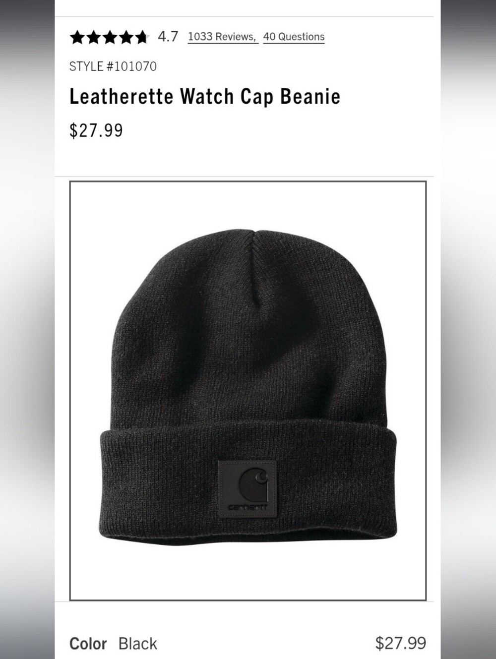 Carhartt "Leatherette Watch Cap Beenie" Black